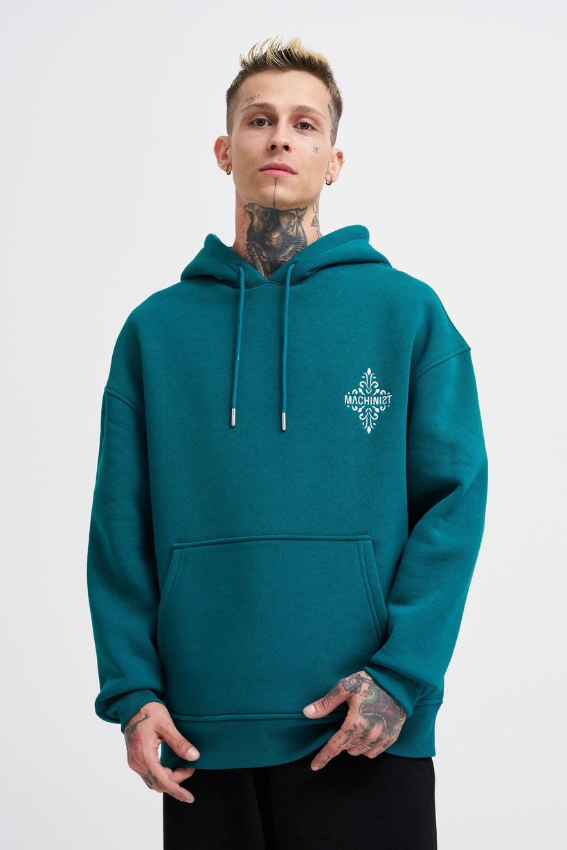 Men's Patchwork Embroidered Petrol Green Hoodie