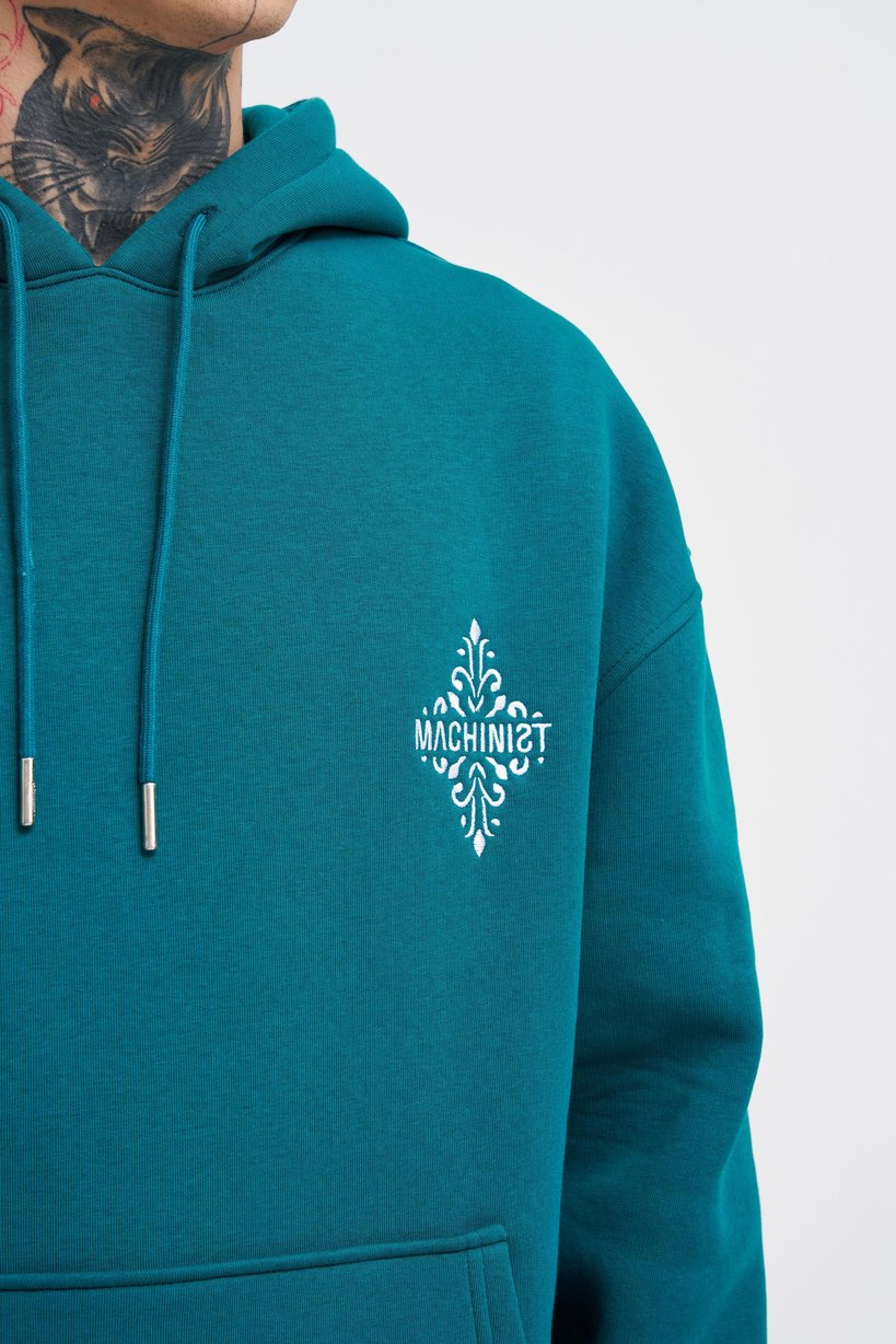 Men's Patchwork Embroidered Petrol Green Hoodie