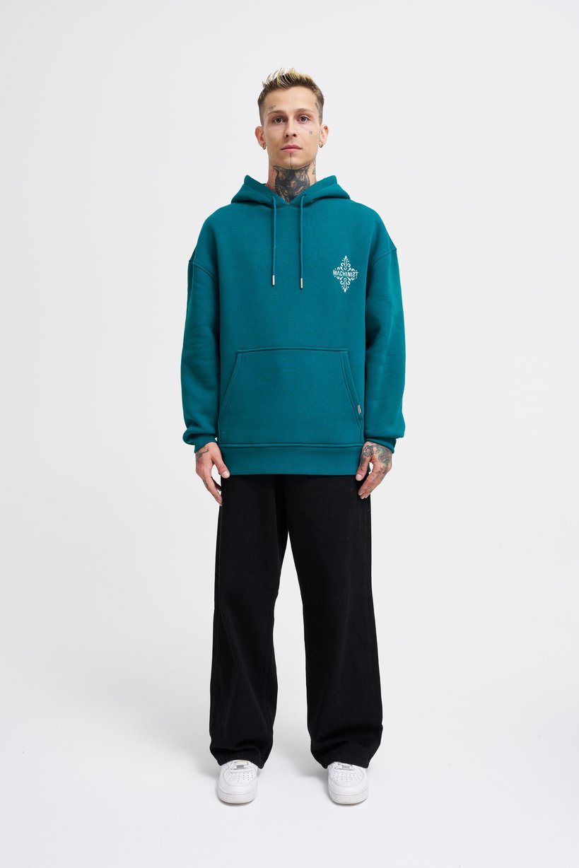 Men's Patchwork Embroidered Petrol Green Hoodie