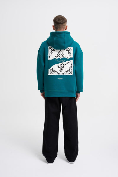 Men's Patchwork Embroidered Petrol Green Hoodie